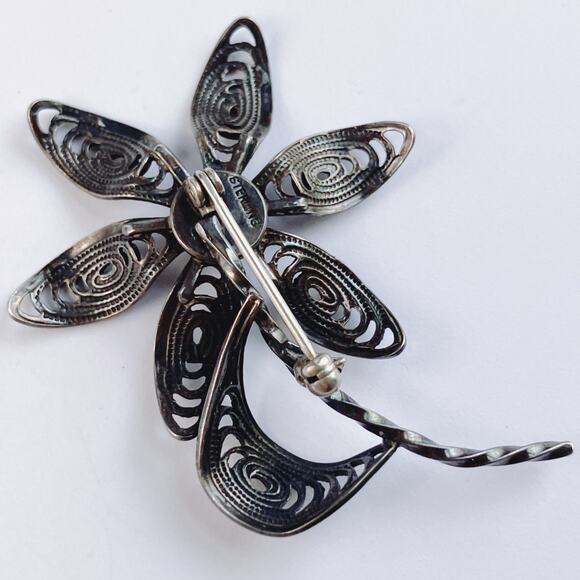 VTG Sterling Silver 925 Gemstone Brooch Mid Century Filigree Flower Black Spinel - Picture 9 of 10
